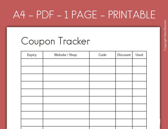 Printable Coupon Code Tracker, Coupons tracker, Coupon organizer, Printable Minimalist Coupon Code Tracker, A4 Size coupon code organizer