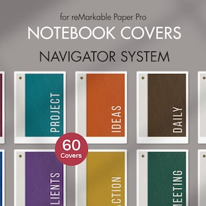 May include: A collection of notebook covers in various colors, including burgundy, teal, orange, brown, and red. Each cover is labeled with a different category, such as "Vault," "Project," and "Ideas." The text "for reMarkable Paper Pro NOTEBOOK COVERS NAVIGATOR SYSTEM" is displayed at the top.