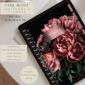 Dark Mode Digital Notebook Planner for Remarkable Paper Pro, iPad Dark Floral Aesthetic Hyperlinked Daily Planner Journal Black Paper