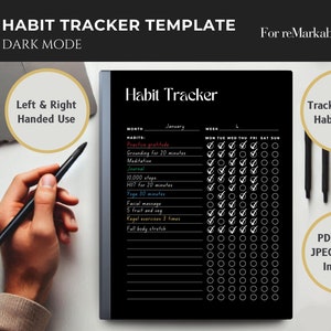 Könnte beinhalten: Eine schwarz-weiße Habit-Tracker-Vorlage für das reMarkable Paper Pro Tablet. Die Vorlage enthält eine Liste von Gewohnheiten, die verfolgt werden können, wie z. B. Dankbarkeit üben, Erdung, Meditation, Tagebuch führen und Sport treiben. Die Vorlage enthält auch ein Kalenderrraster, um den täglichen Fortschritt zu verfolgen.