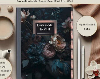 Dark Mode Digital Journal Notebook for Remarkable Paper Pro, iPad Dark Floral Aesthetic Hyperlinked Daily Planner Journal Black Paper