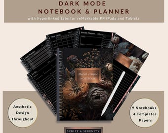 Floral Eclipse Digital Notebook & Planner Dark Mode for ReMarkable PaperPro, iPad Aesthetic Hyperlinked Dark Floral Productivity 9 Notebooks