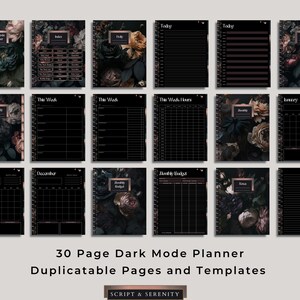 May include: A collection of dark-themed planners with floral covers. The planners feature various layouts, including daily, weekly, and monthly pages. The text "30 Page Dark Mode Planner" and "Duplicatable Pages and Templates" is visible.