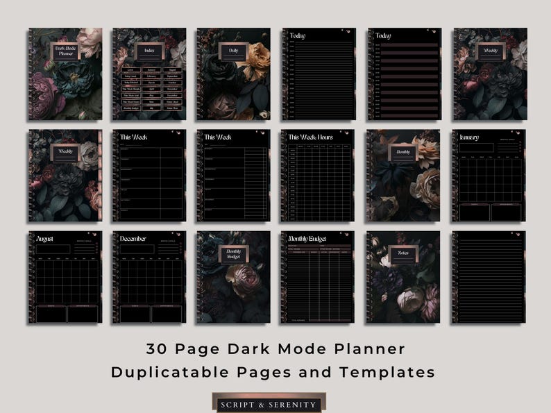 May include: A collection of dark-themed planners with floral covers. The planners feature various layouts, including daily, weekly, and monthly pages. The text "30 Page Dark Mode Planner" and "Duplicatable Pages and Templates" is visible.