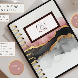 Peut inclure: Un carnet numérique avec un design abstrait rose, noir et or. La couverture indique "Note Book". Il comporte 6 sections, 66 pages, des onglets hyperliés, des pages assorties et est duplicable. Il est conçu pour iPad et Remarkable.