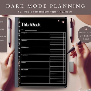 May include: A black digital planner with the text "This Week" in white. The planner includes sections for daily schedules, weekly planning, monthly overviews, and budget tracking. A pen and stylus are positioned near the planner.
