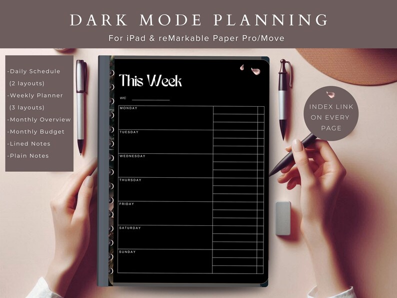 May include: A black digital planner with the text "This Week" in white. The planner includes sections for daily schedules, weekly planning, monthly overviews, and budget tracking. A pen and stylus are positioned near the planner.
