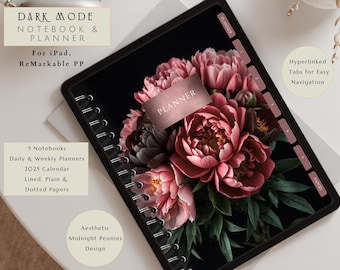 Dark Mode Digital Notebook Planner for Remarkable Paper Pro, iPad Dark Floral Aesthetic Hyperlinked Daily Planner Journal Black Paper