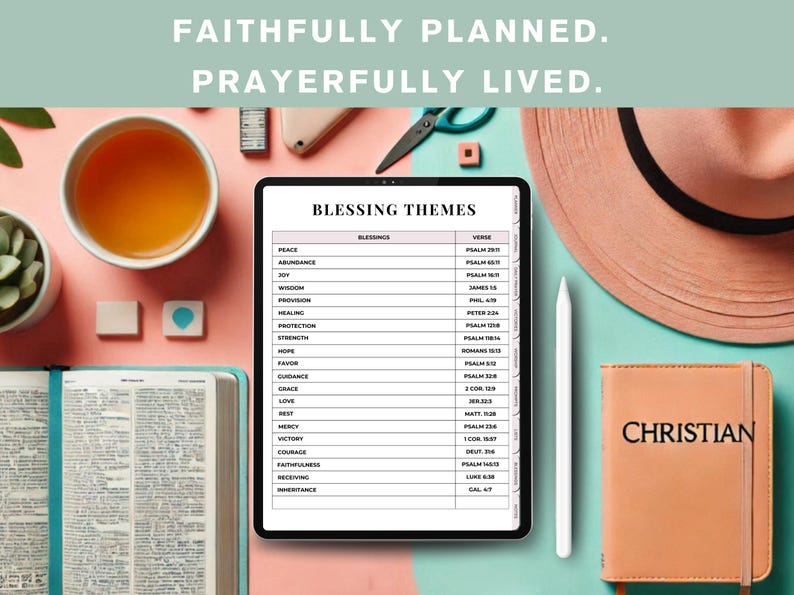 May include: A digital tablet displaying a list of blessings and corresponding Bible verses. The tablet is on a pink surface with a cup of tea, a potted plant, a small notebook, and a pair of scissors. The text on the tablet reads "Blessing Themes" and includes verses from the Bible.