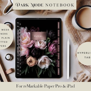 Puede incluir: Un planificador digital para el reMarkable Paper Pro y el iPad con una interfaz en modo oscuro. El planificador presenta un diseño floral con flores rosas, moradas y blancas sobre un fondo negro. El planificador incluye planificadores diarios y semanales, papeles rayados, lisos y punteados, y pestañas hipervinculadas.