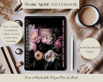 Midnight Peonies Dark Mode Digital Journal Planner for iPad, reMarkable, Goodnotes Dark Floral hyperlinked Journal with half hour time block