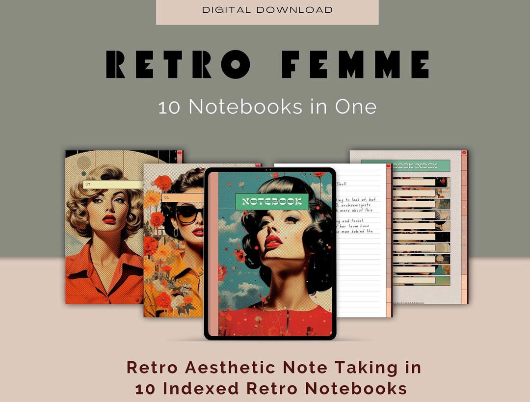 Retro 50s 60s Femme Digital Notebook, Hyperlinked Journal for Ipad ...