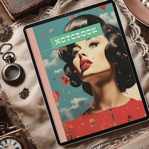 May include: A digital tablet with a pink cover displaying a retro-style illustration of a woman with red lipstick and a red dress. The background is a blue sky with white clouds and red flowers. The text "NOTEBOOK" is in a green box on the cover.