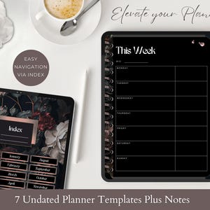 May include: Digital planner templates with a black background and floral accents. The image shows two tablets with weekly and monthly planning layouts. Text includes "Elevate your Planning", "This Week", and "7 Undated Planner Templates Plus Notes".