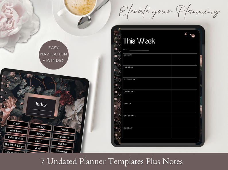 May include: Digital planner templates with a black background and floral accents. The image shows two tablets with weekly and monthly planning layouts. Text includes "Elevate your Planning", "This Week", and "7 Undated Planner Templates Plus Notes".