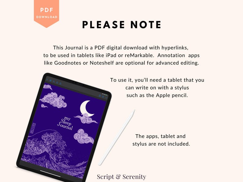 Pu&ograve; includere: Un download digitale di un diario del sonno con un'illustrazione viola e bianca di una luna e nuvole sullo schermo di un tablet. Il testo "my Sleep Journal" &egrave; sullo schermo. Una penna bianca &egrave; accanto al tablet. Il testo "PLEASE NOTE" &egrave; nella parte superiore dell'immagine. Il testo "This Journal is a PDF digital download with hyperlinks, to be used in tablets like iPad or reMarkable. Annotation apps like Goodnotes or Noteshelf are optional for advanced editing. To use it, you'll need a tablet that you can write on with a stylus such as the Apple pencil. The apps, tablet and stylus are not included. Script & Serenity" &egrave; sotto l'immagine.