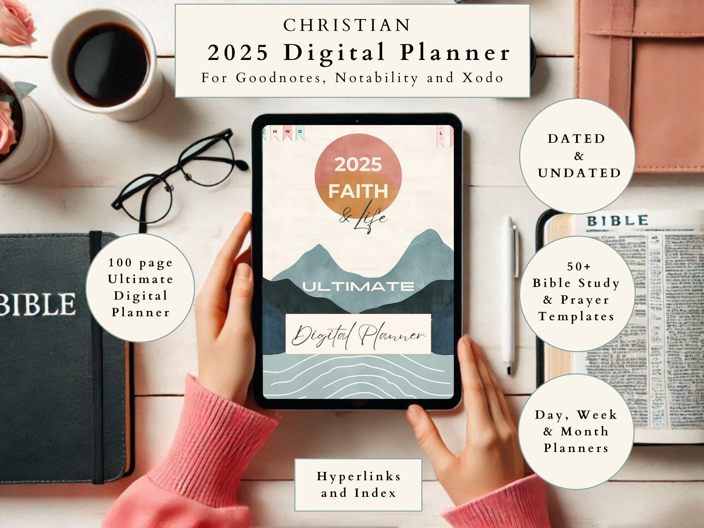 2025 Christian Digital Planner, Bible Study & Prayer Journal, Dated and Undated, Life Organizer for Faith, Devotion, Daily Planning