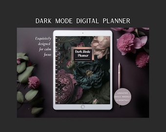 Dark Mode Digital Planner iPad, Undated Floral Dark Aesthetic Weekly Monthly Daily Layouts Budget Tracker Notes for Goodnotes, reMarkable