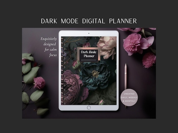 Dark Mode Digital Planner iPad, Undated Floral Dark Aesthetic Weekly Monthly Daily Layouts Budget Tracker Notes for Goodnotes, reMarkable