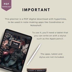May include: Digital planner displayed on a tablet with a floral design. The tablet is black, and a white stylus rests beside it. Text on the screen reads "Weekly". The image includes the text "PDF DOWNLOAD" and "IMPORTANT".