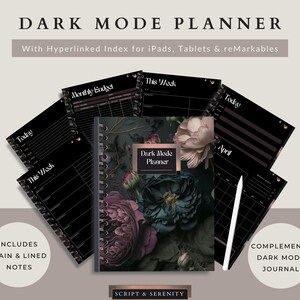 May include: A Dark Mode Planner with a floral cover design, surrounded by several black planner pages. The planner includes plain and lined notes and complements a dark mode journal. The text on the cover reads "Dark Mode Planner".