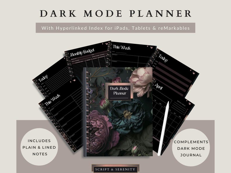 May include: A Dark Mode Planner with a floral cover design, surrounded by several black planner pages. The planner includes plain and lined notes and complements a dark mode journal. The text on the cover reads "Dark Mode Planner".