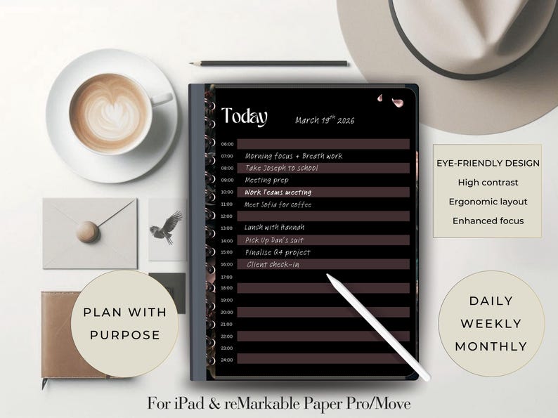 May include: A digital planner for iPad and reMarkable Paper Pro/Move, featuring a black and brown design. The planner displays a daily schedule with times and tasks, including "Morning focus + Breath work" and "Work Teams meeting." The image also includes a cup of coffee.