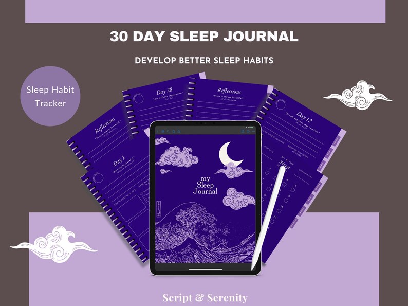 Pu&ograve; includere: Un diario del sonno di 30 giorni di colore viola e bianco con un design a onde e il testo "my Sleep Journal". Il diario &egrave; aperto a una pagina con il testo "Day 1" e una sezione per le riflessioni. Il diario &egrave; su uno sfondo viola con un design a nuvola bianca.