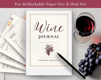 Può includere: Un tablet digitale bianco con le parole "Wine Journal" in elegante scrittura, un bicchiere di vino, un grappolo d'uva e uno stilo nero. Il diario presenta un'illustrazione di uva e il testo "A Chronicle of the Senses".