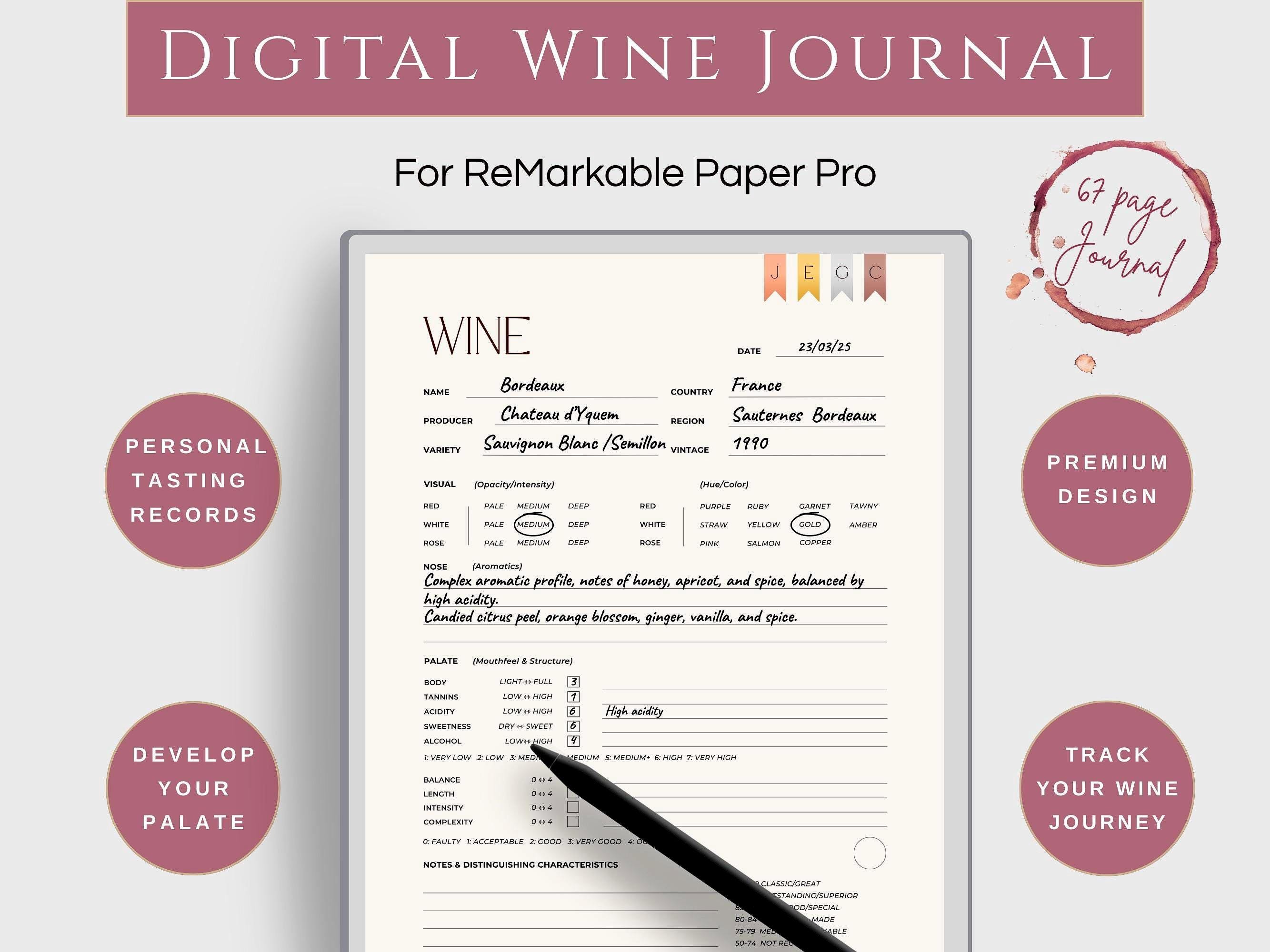 Digital Wine Tasting Printable Journal Cards Remarkable Paper Pro iPad ...