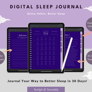Pu&ograve; includere: Un diario del sonno digitale con 30 modelli per tenere traccia delle abitudini del sonno. Il diario include un calendario, pagine di riflessione e una pagina di indice ipercollegata. Il diario &egrave; visualizzato su tre tablet viola.