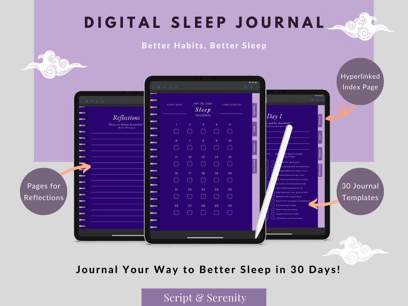 Pu&ograve; includere: Un diario del sonno digitale con 30 modelli per tenere traccia delle abitudini del sonno. Il diario include un calendario, pagine di riflessione e una pagina di indice ipercollegata. Il diario &egrave; visualizzato su tre tablet viola.