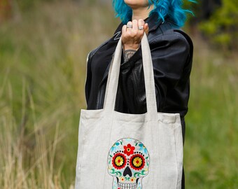 Weddings Accessories Bags & Purses Natural linen Tote bag with embroidered Calavera skull Gato 