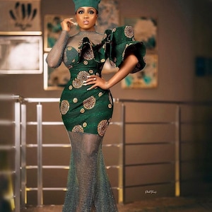 Vestido africano luxuoso com estampa e renda, vestido ancara, vestido maxi estampado africano, roupas africanas, vestido ancara