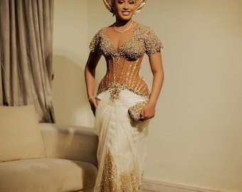 Luxury African bridal dress and Gele, Custom bridal dress, Igbo Bride, African clothing, African fashion, Ankara dress, Igbo wedding dress