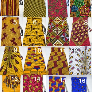 May include: A collection of sixteen colorful African wax print fabric swatches. Each swatch features unique patterns, including geometric shapes, floral designs, and abstract motifs. The fabrics are in various colors, such as yellow, red, blue, and green.