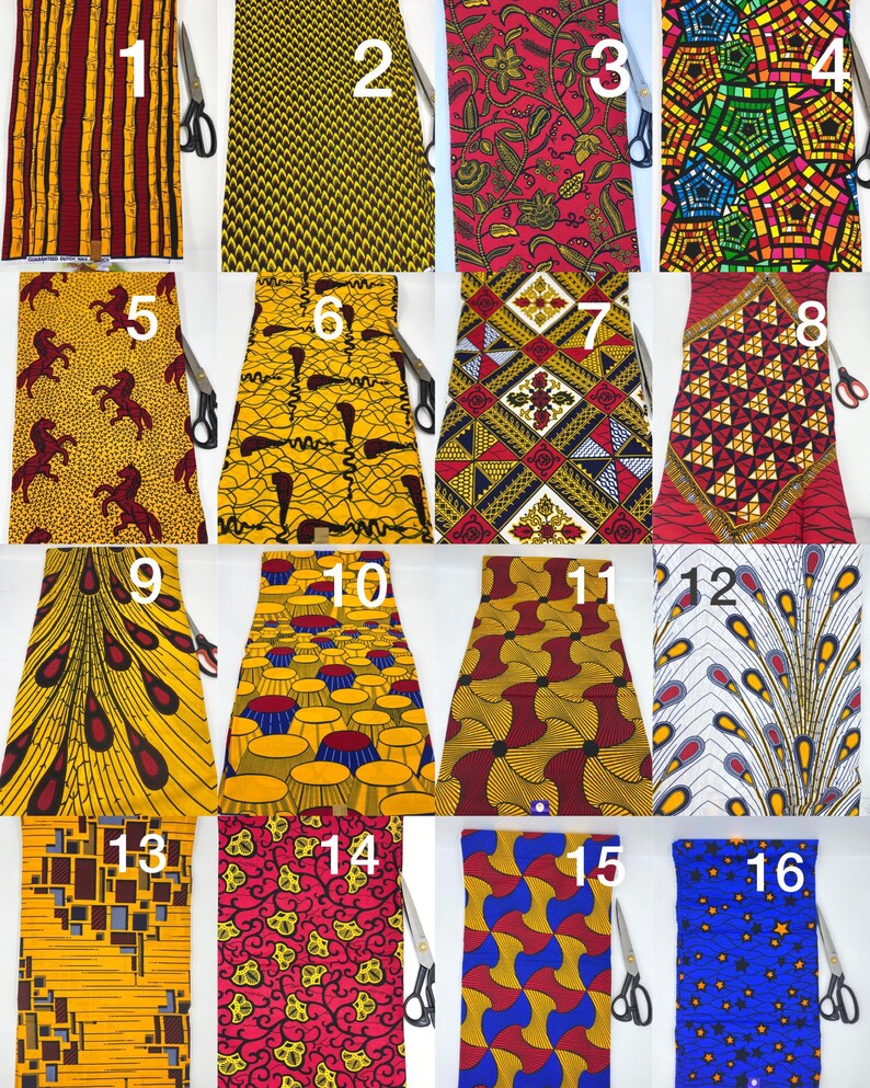 May include: A collection of sixteen colorful African wax print fabric swatches. Each swatch features unique patterns, including geometric shapes, floral designs, and abstract motifs. The fabrics are in various colors, such as yellow, red, blue, and green.