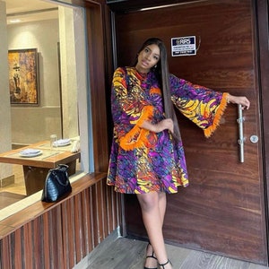 Beautiful Ankara dress, African print skater dress, Feathered sleeve dress, African fashion, Ankara dress, Summer dress, short dress