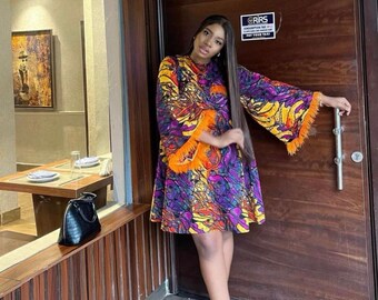 Beautiful Ankara dress, African print skater dress, Feathered sleeve dress, African fashion, Ankara dress, Summer dress, short dress