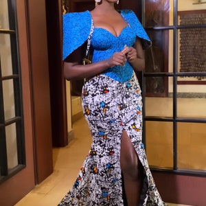 Vestido africano luxuoso com estampa e renda, vestido ancara, vestido maxi estampado africano, roupas africanas, vestido ancara