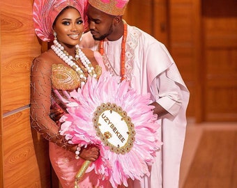 Customisable Feather wedding fan, Nigerian wedding hand fan, Customised handfan, Traditional bridal fan, Igbo bridal fan, wedding hand fan