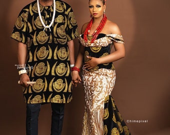 Couple African outfit, African couple trad outfit, Ankara clothes for couples wedding, Couple matching clothing, African wedding outfit