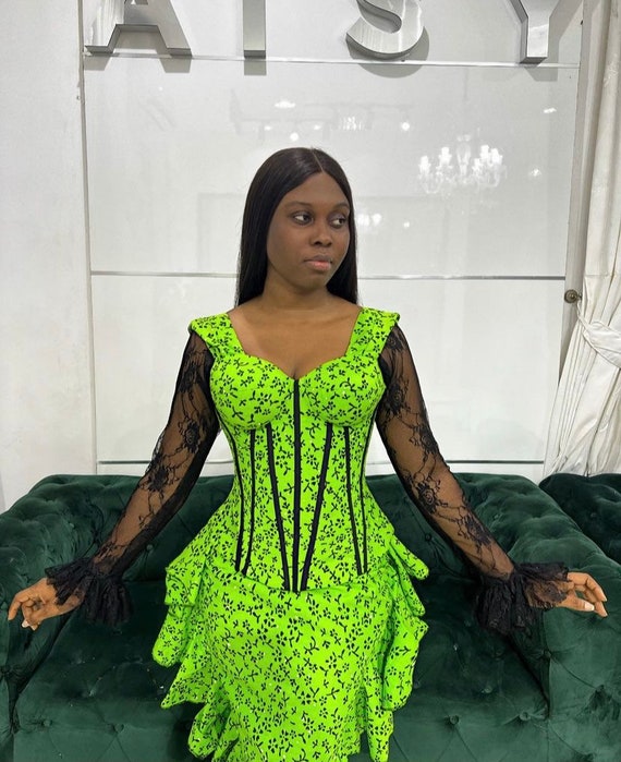 African print corset dress with lace sleeves, Ankara corset dress, African print maxi dress African clothing African fashion Ankara dress