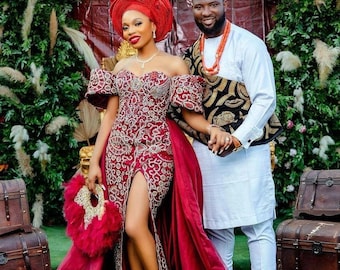 CUSTOM LUXURY Igbo Wedding Couple African attire, African couple engagement outfit, Igbo wedding attire, Couple matching African clothing