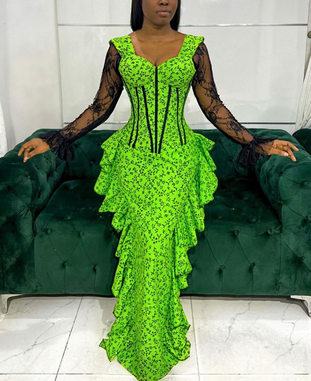 African Print Corset Dress With Lace Sleeves, Ankara Corset Dress