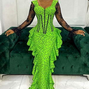 African print corset dress with lace sleeves,  Ankara corset dress, African print maxi dress African clothing African fashion Ankara dress