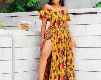 off shoulder elastic ankara dress African Dress for Women Plus Size | Ankara Off Shoulder Dress | Mudcloth Clothing for Women | Bohemian Dress | Boho Dress