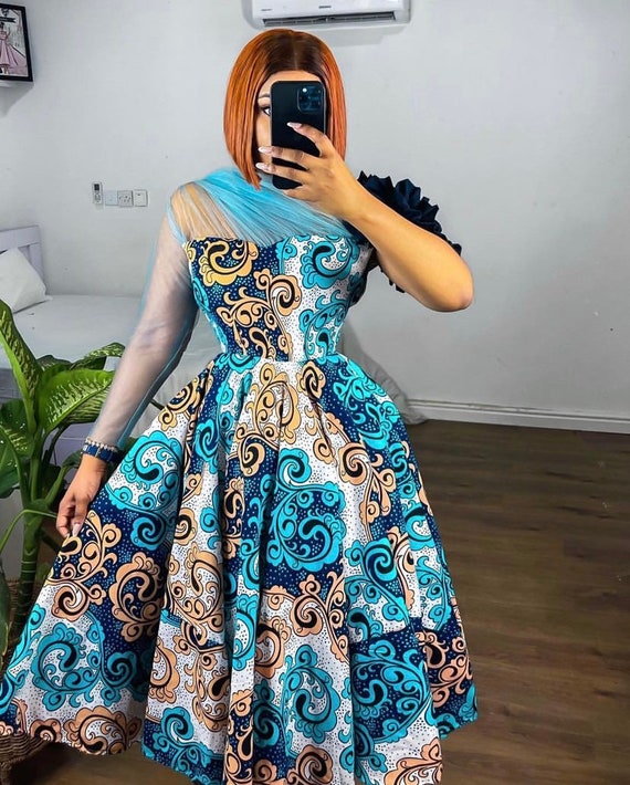 blue and white african print dresses Women's African Clothing. Ankara Short Gown. African Print Dress. Royal Blue and Gold. African Party Dress. Wedding Guest Dress. 2