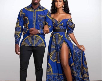 Couple African outfit, African couple engagement outfit, Ankara gown, Ankara clothes for couples wedding, Couple matching African clothing
