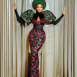 Luxury African print corset dress with puffy sleeves, Sequin corset dress, African print dress, Wedding Guest dress, Nigerian wedding dress